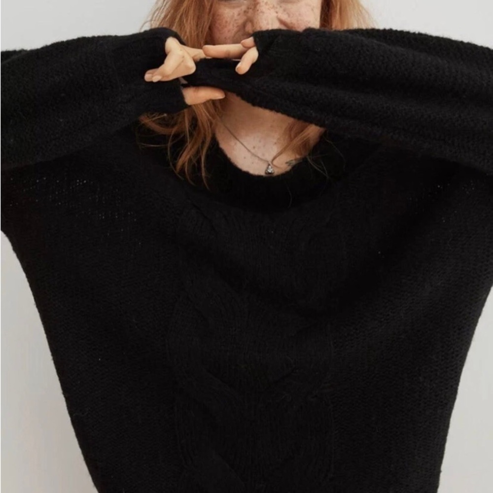 aerie Black Cable-Tuck Crewneck Sweater